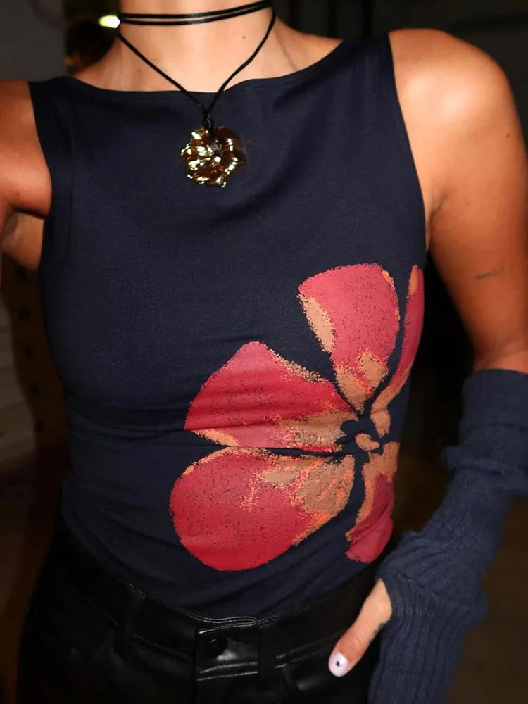 2025 Women Fitted Floral Crop Tank Boat Neck Summer Top
