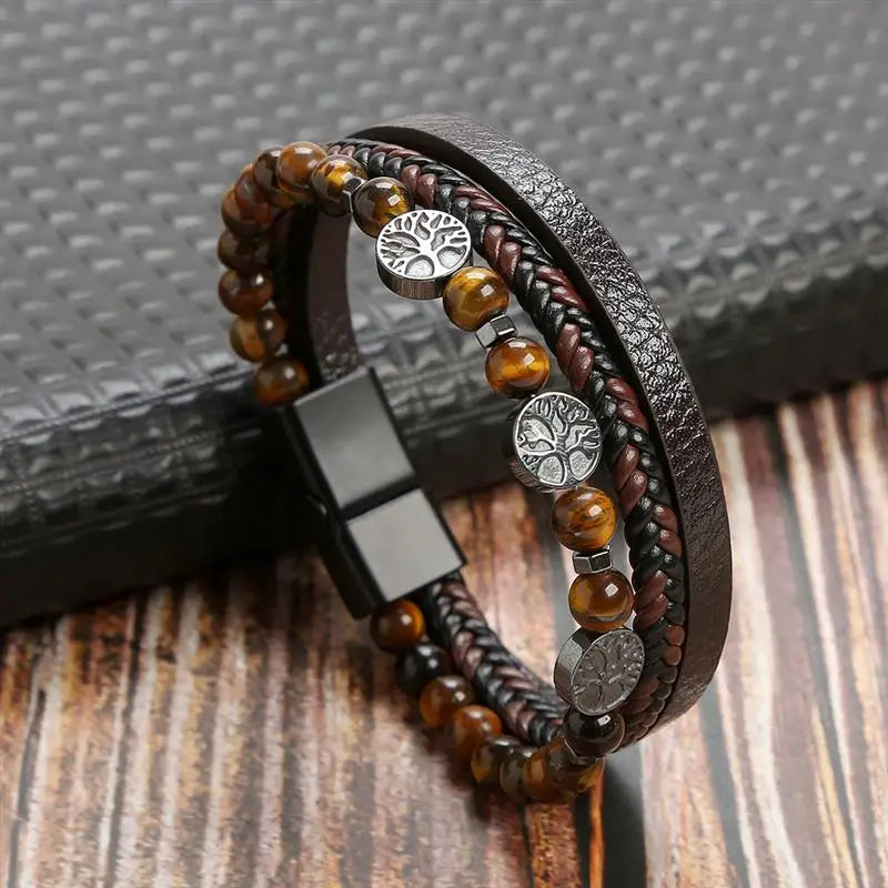 Men's Leather Bracelet with Stainless Steel Tree of Life Charm - Stylish Multi-Layer Fashion Accessory