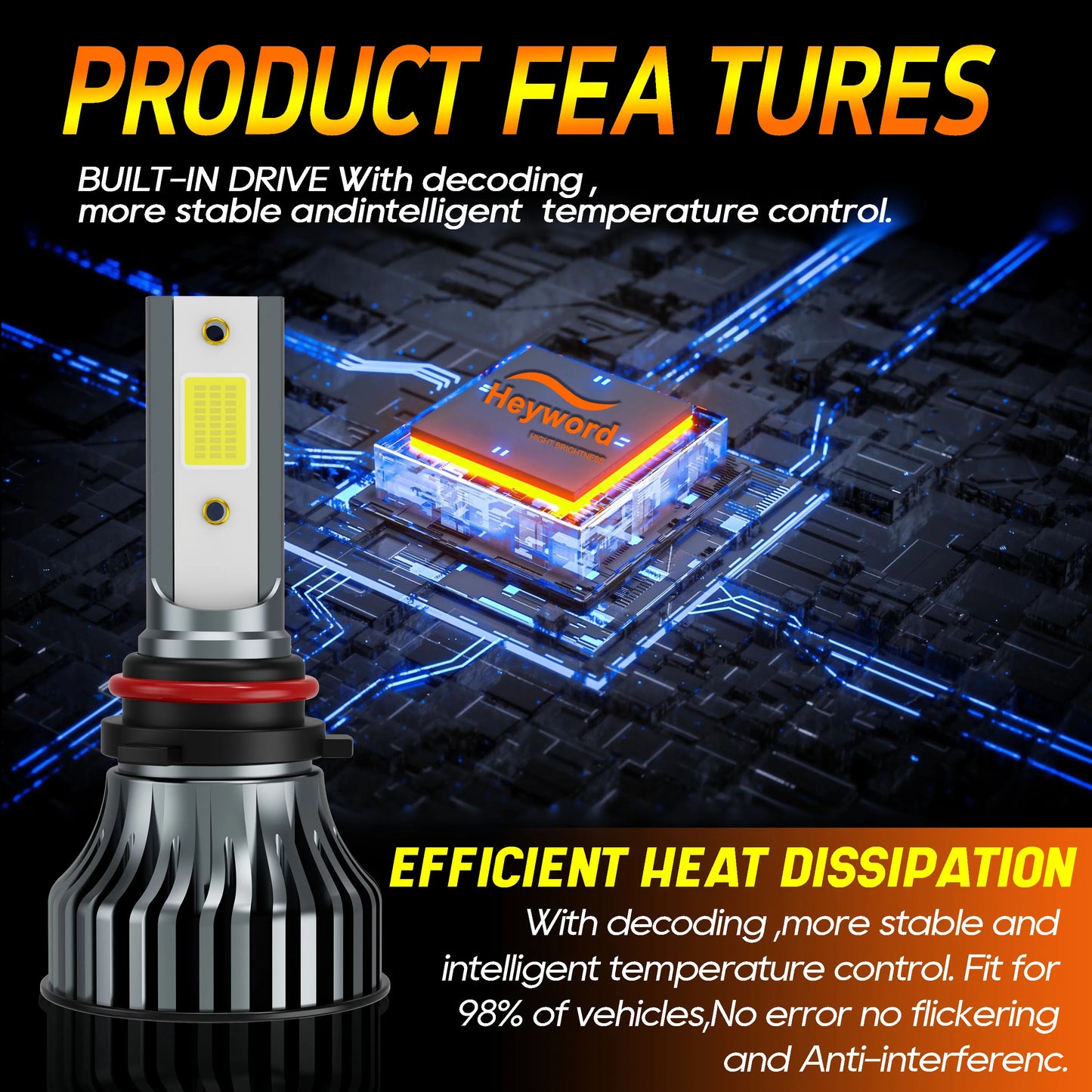 Heyword 90W 30000LM Turbo LED Universal Car Headlight Bulbs