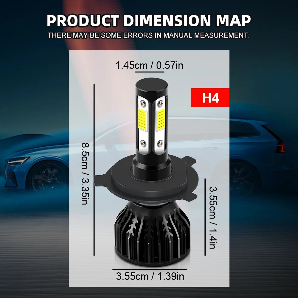 LED Headlamp H4 25000LM 200W Hi Lo Beams Car Fog Lamp Bulb 6000K 8000K 12V 4 Sided LED COB Chip 360 Degree Lighting
