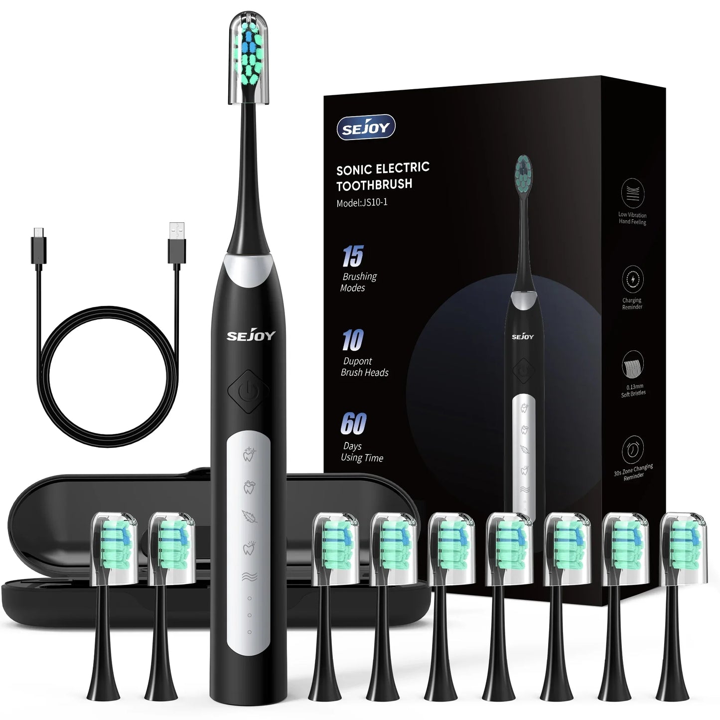 SEJOY Sonic Electric Toothbrush JS10 5 Modes Smart Care Black Set UNITED KINGDOM