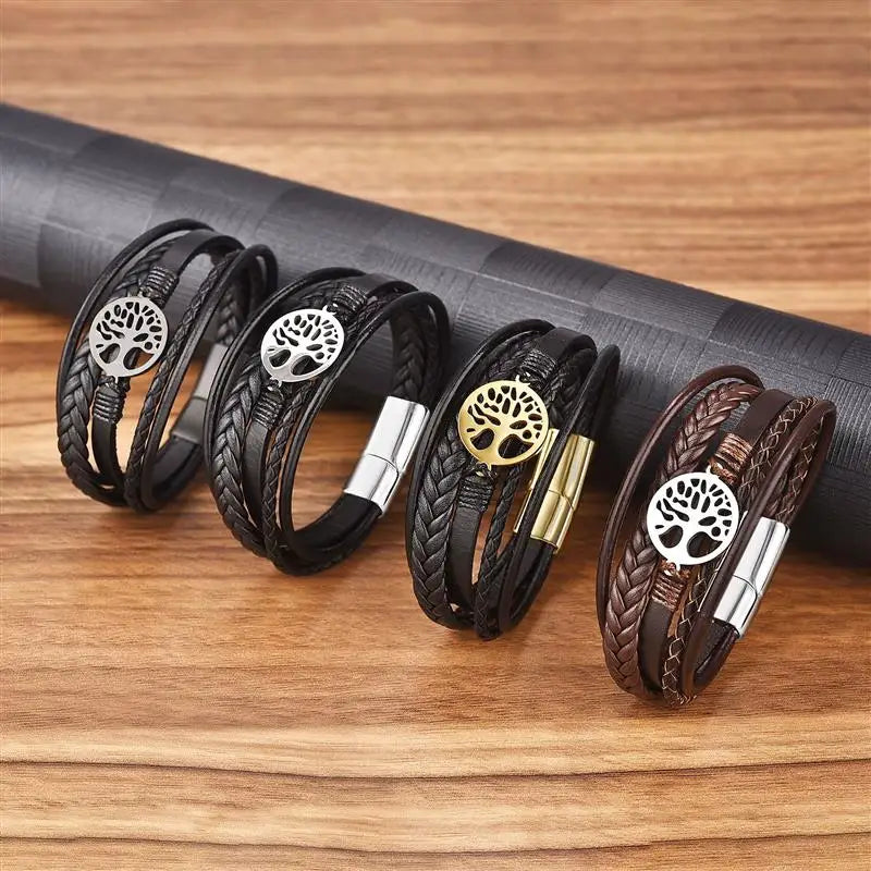 Men's Leather Bracelet with Stainless Steel Tree of Life Charm - Stylish Multi-Layer Fashion Accessory