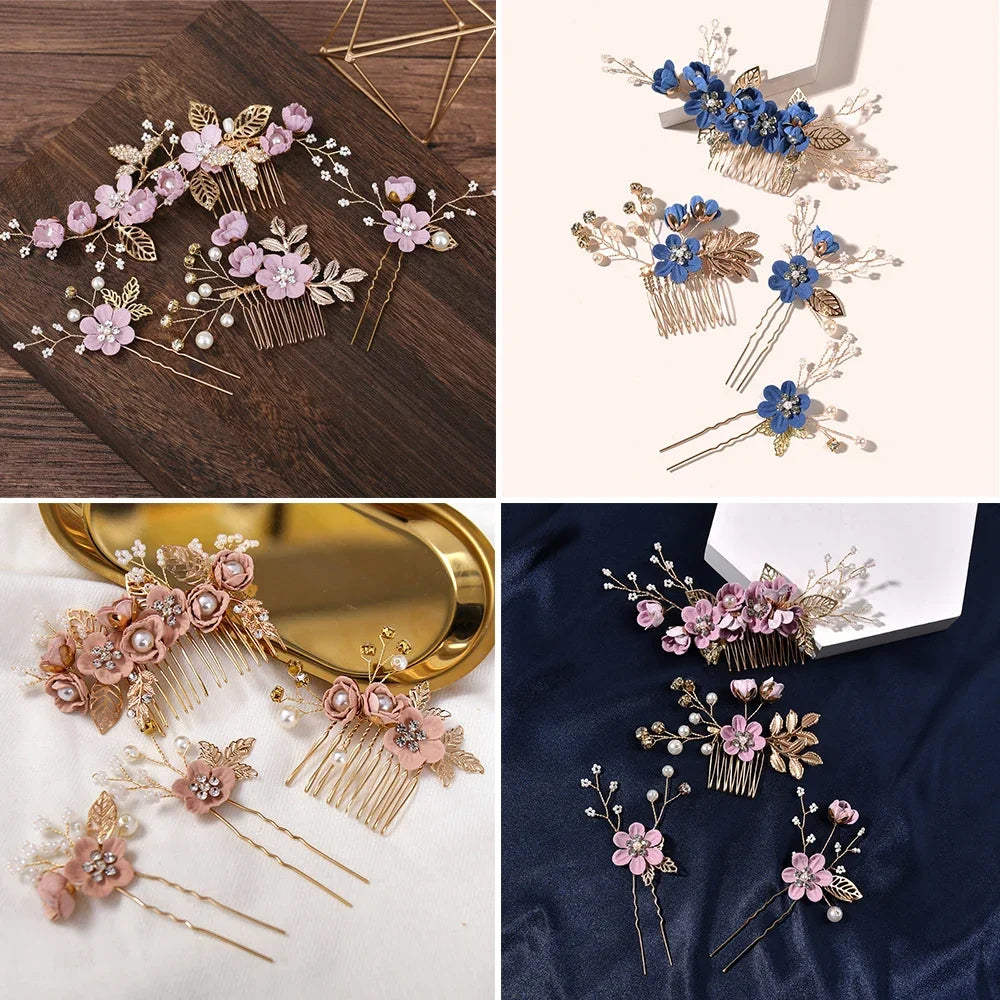 Elegant Bridal Pearl Hair Accessories Set – Floral Tiara, Barrette, and Combs for Wedding Elegance