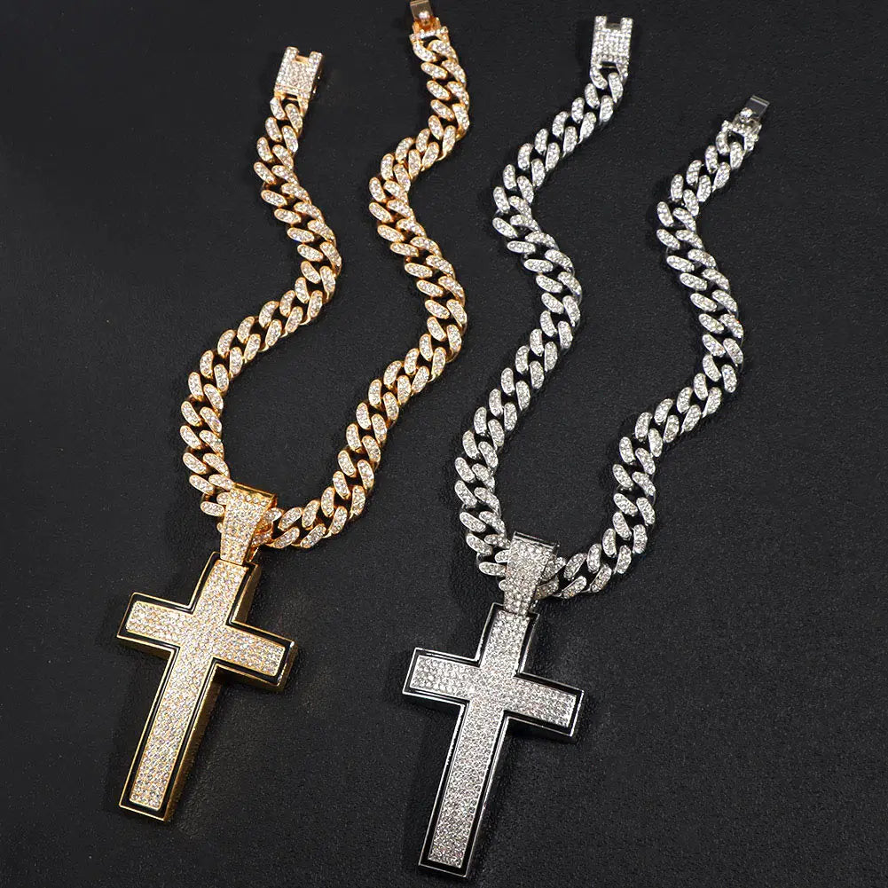 Punk Luxury Rhinestone Cross Pendant Cuban Link Necklace for Women and Men Hip Hop Iced Out Jewelry