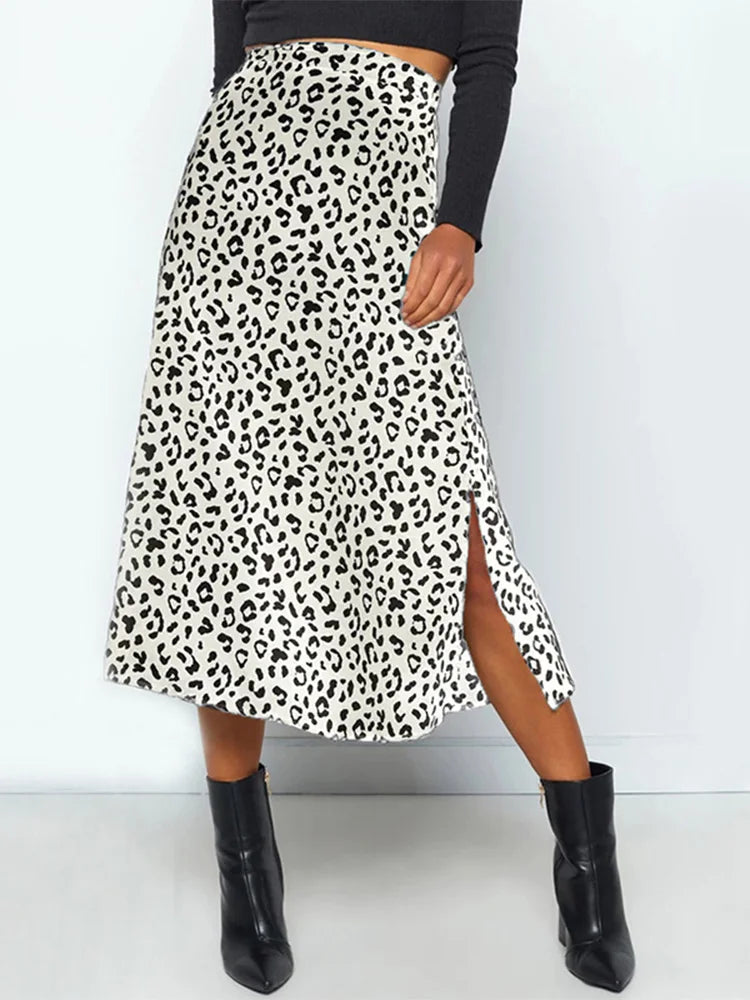 Leopard Print Chiffon Split Maxi Skirt Women Zip Elegant