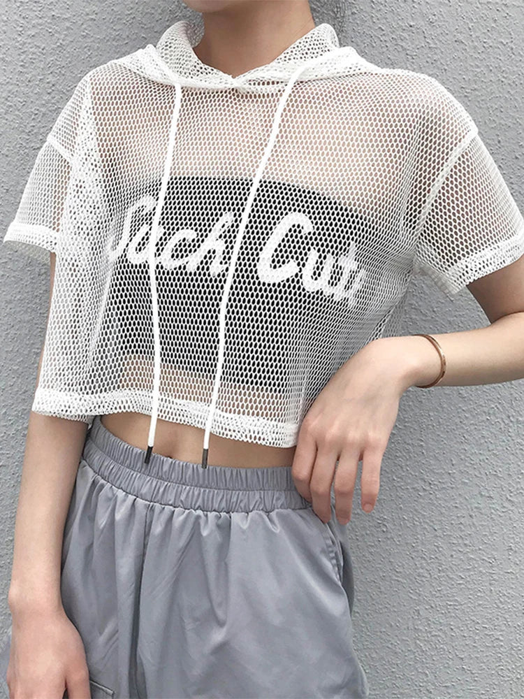 Womens Hollow Mesh Hooded Tee Transparent Black Partywear