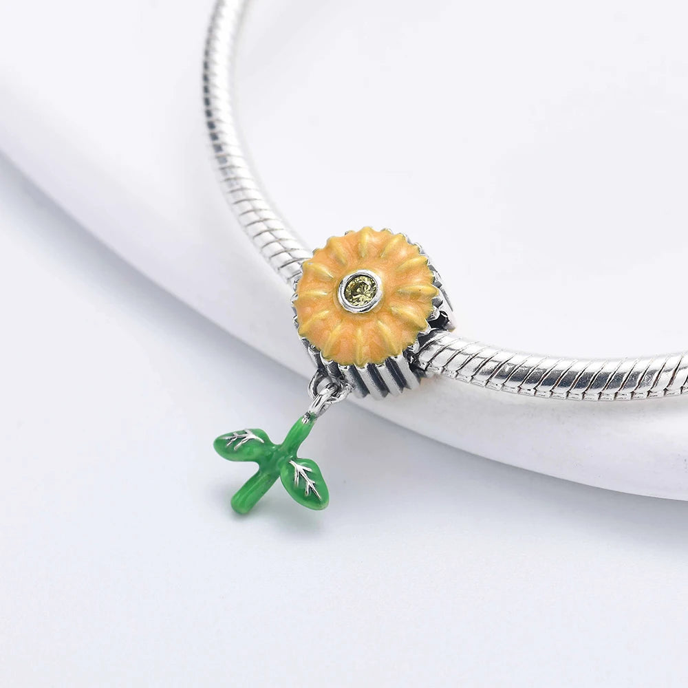 925 Sterling Silver Charm Beads for Women Bracelet - Four-Leaf Clover and Sunflower Design