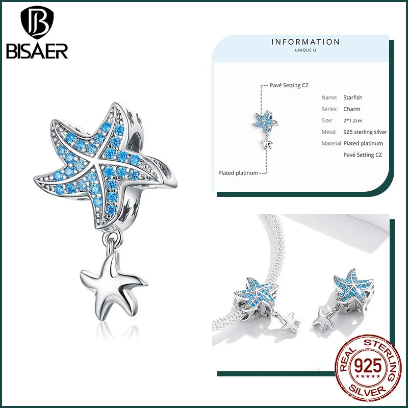 BISAER Ocean Charm 925 Sterling Silver Dolphin and Mermaid Bead with Blue CZ for DIY Jewelry EFC252 CHINA