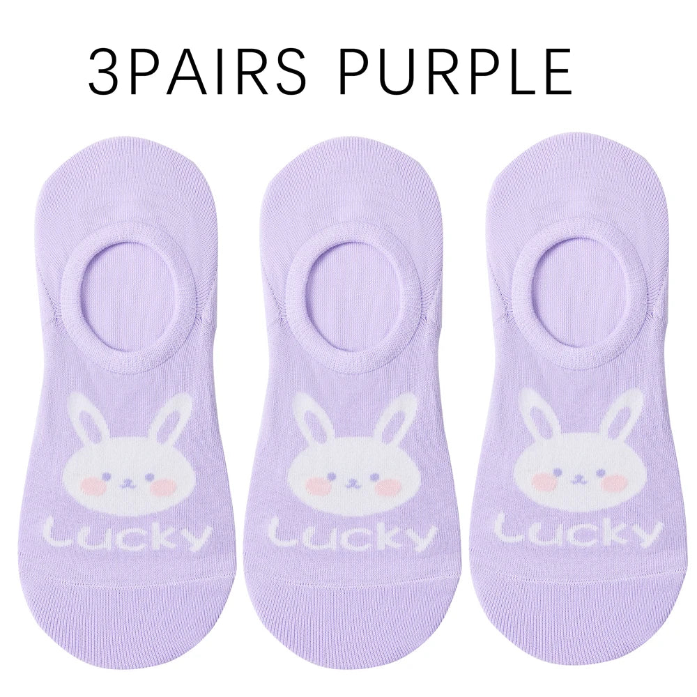 Kawaii Rabbit No Show Socks For Women 3 Pairs Cotton