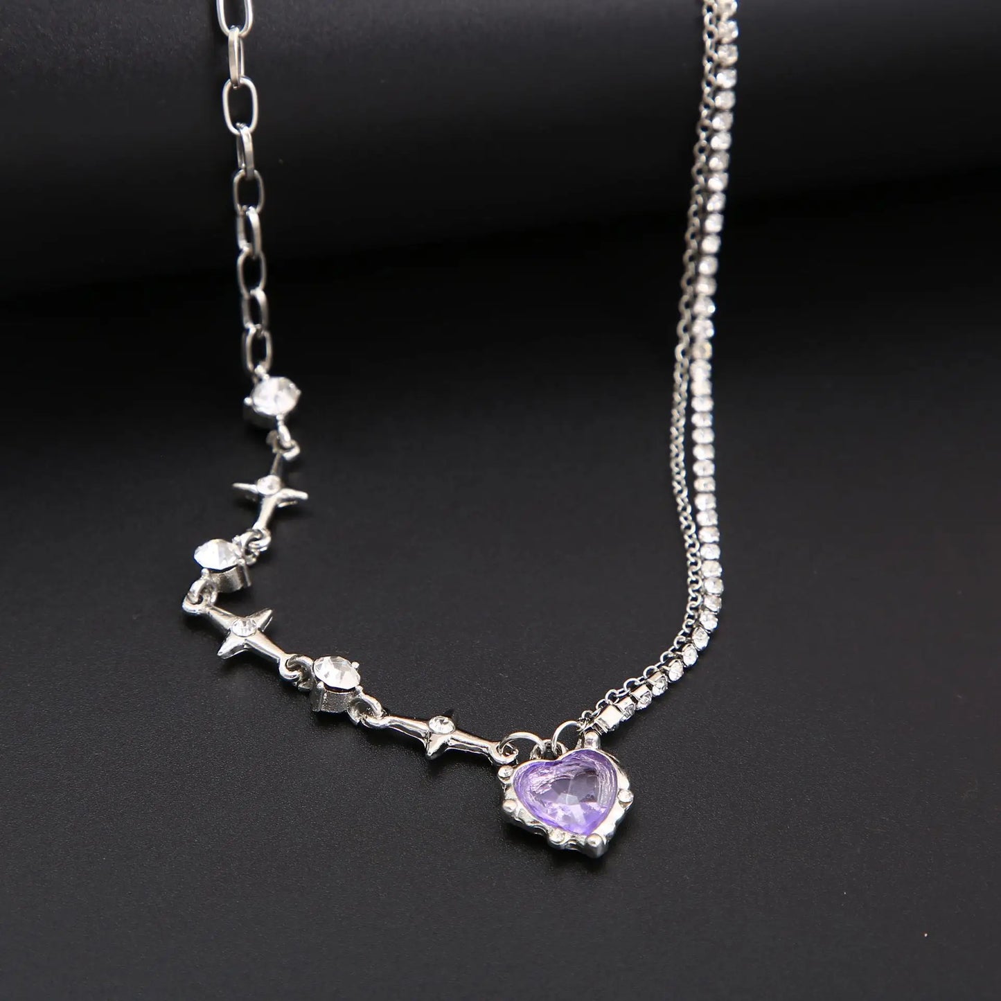 Y2K Purple Crystal Heart Pendant Necklace for Trendy Women