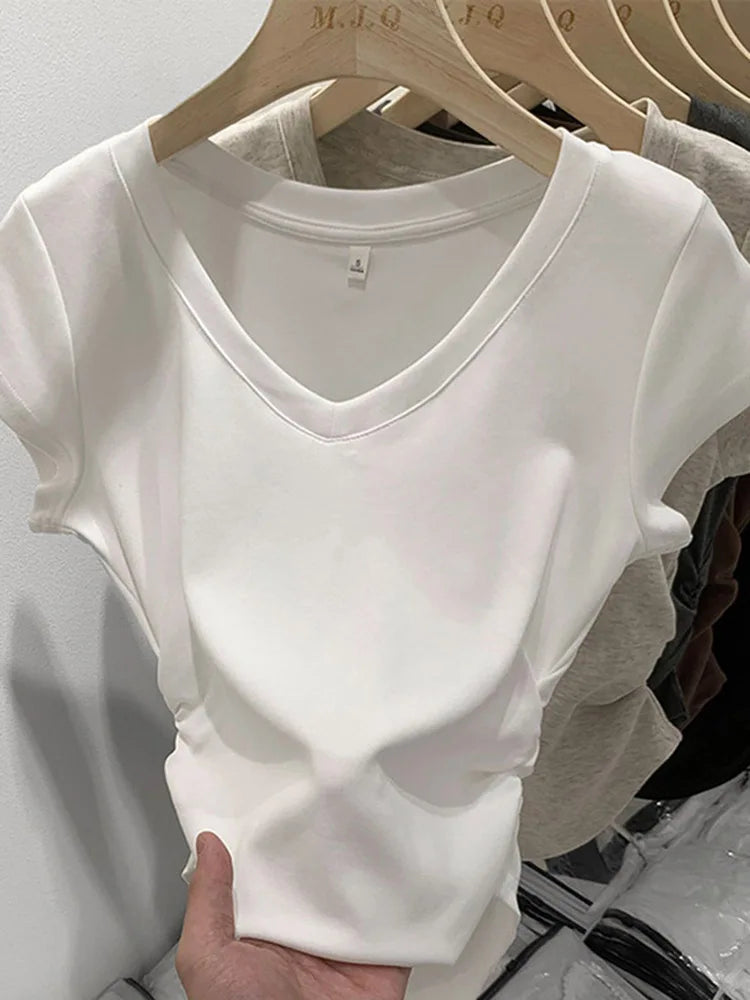 Dozw Women V Neck Elastic Korean Short Sleeve Summer Top