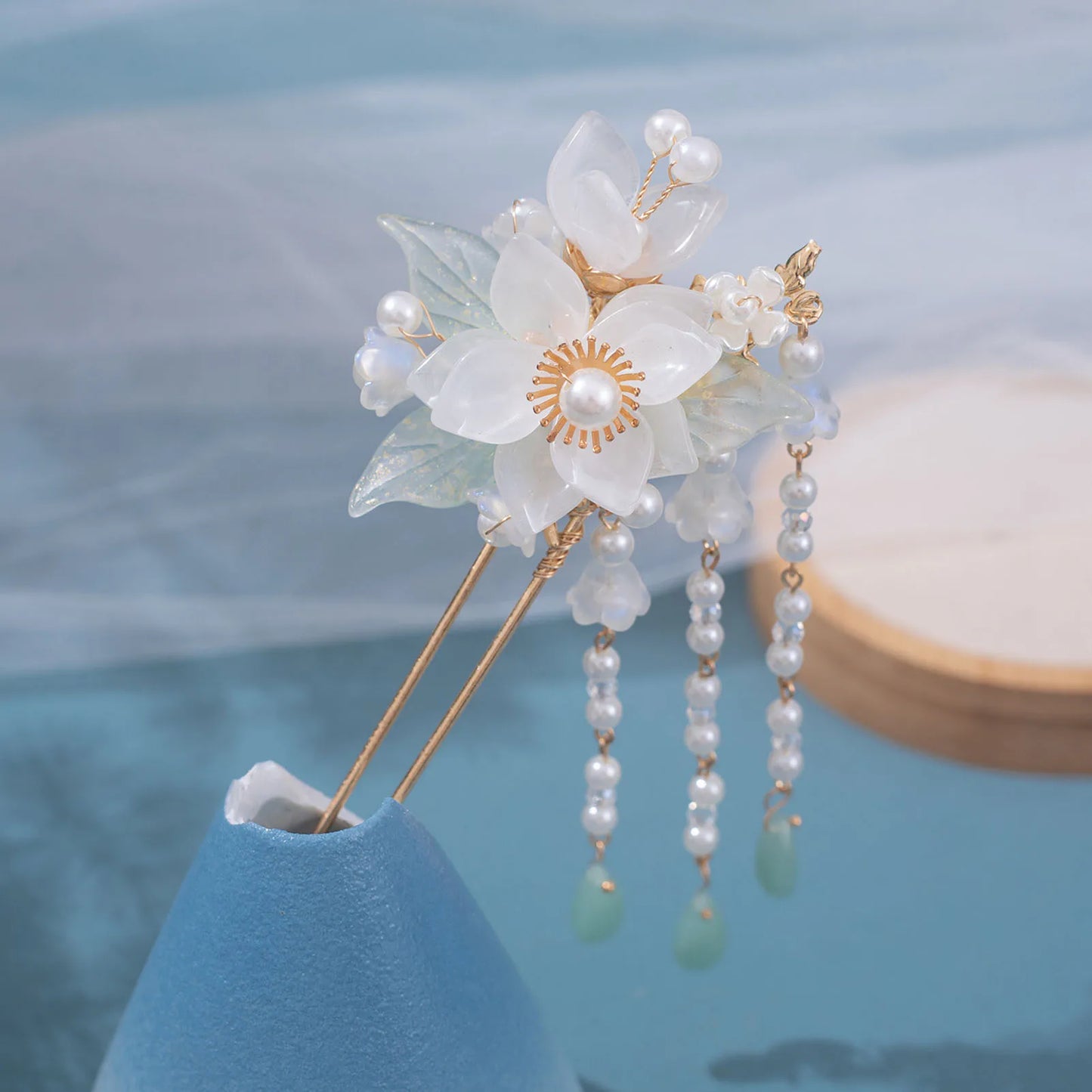 Elegant Gold Red Floral Pearl Long Tassel Hairpins Bridal Chinese Wedding Headpiece