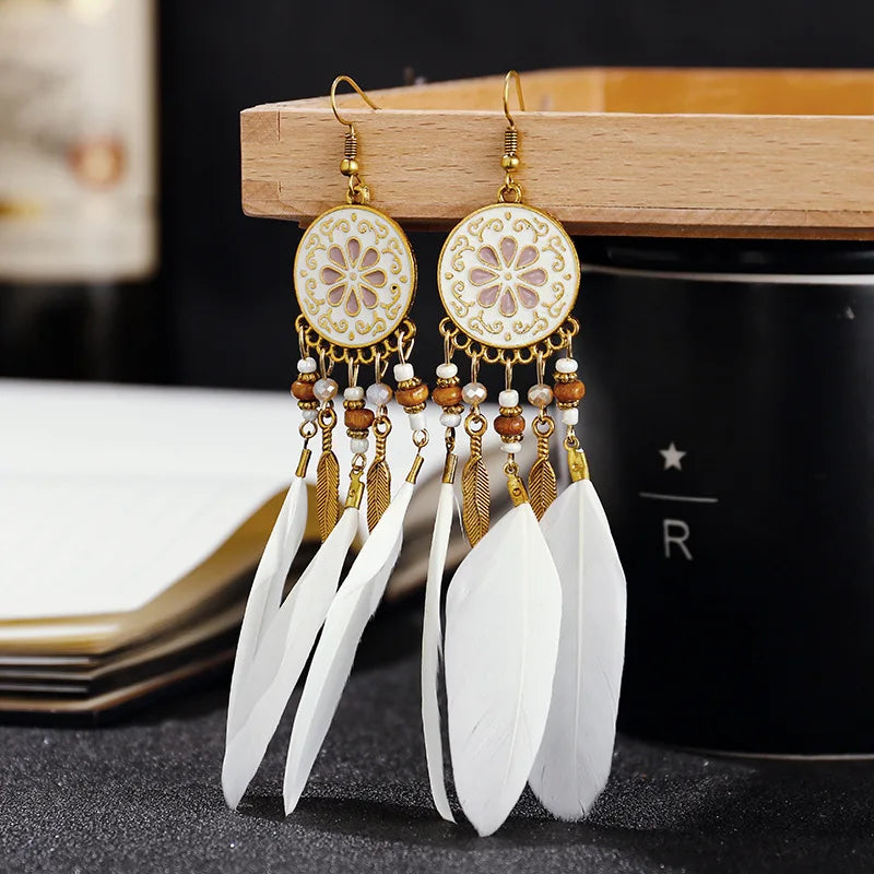 Bohemian Long Feather Drop Earrings with Tassel Beads and Enamel Flowers for Women