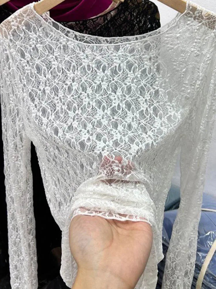 Women Long Sleeve Sexy Slim Lace Top Spring Autumn 2025