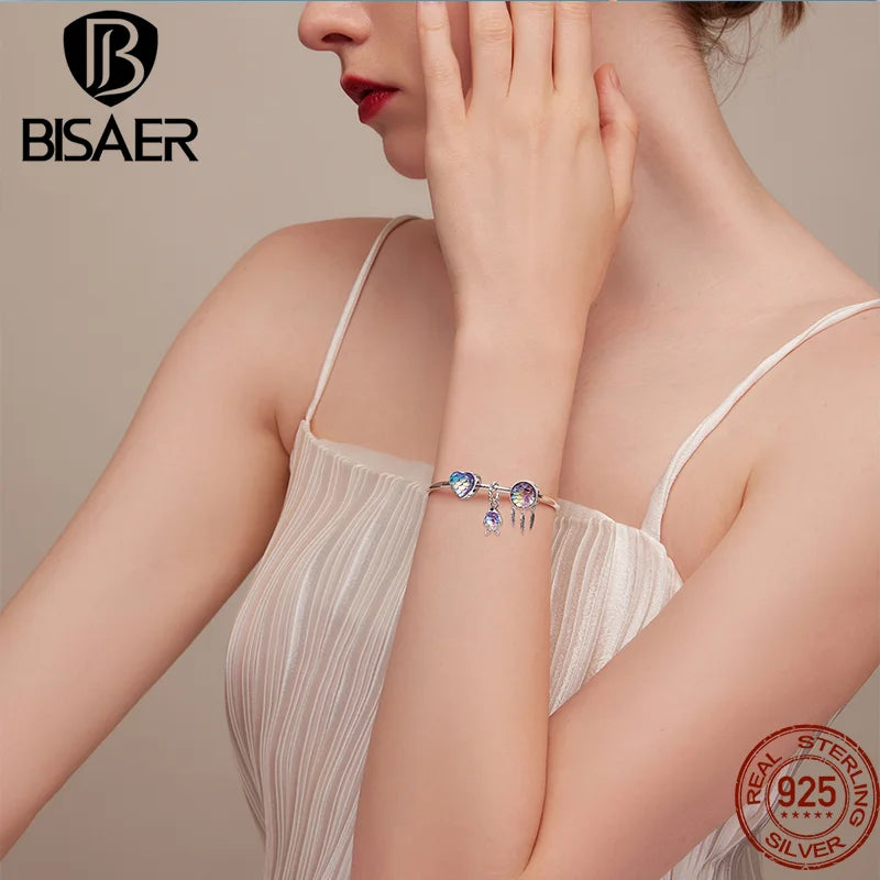 BISAER Ocean Charm 925 Sterling Silver Dolphin and Mermaid Bead with Blue CZ for DIY Jewelry