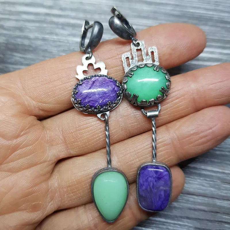 Asymmetric Bronze Red Blue Stone Drop Earrings for Women - Ethnic Statement Jewelry Gift
