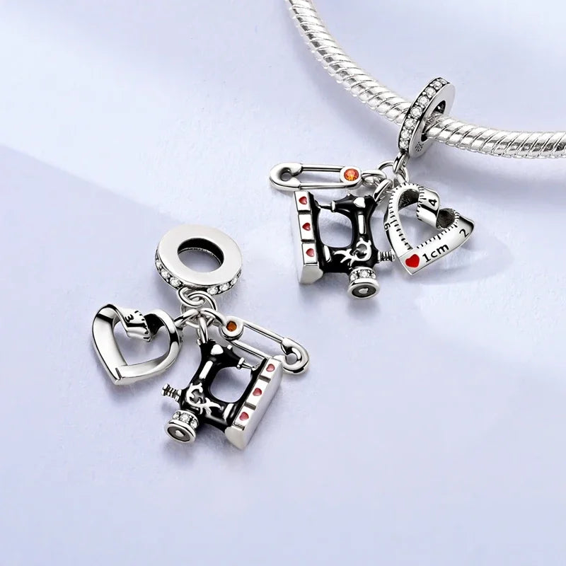 Sterling Silver Cat and Flower Heart Charm for DIY Bracelet Jewelry KTC1665