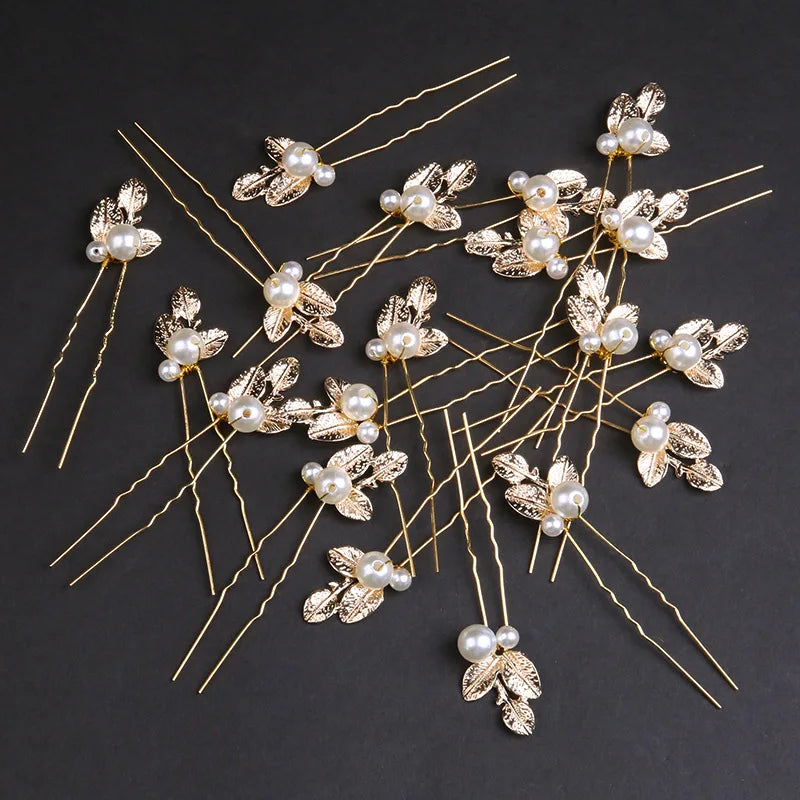 Golden Pearl Leaf Hairpins Set Bridal Wedding Accessories