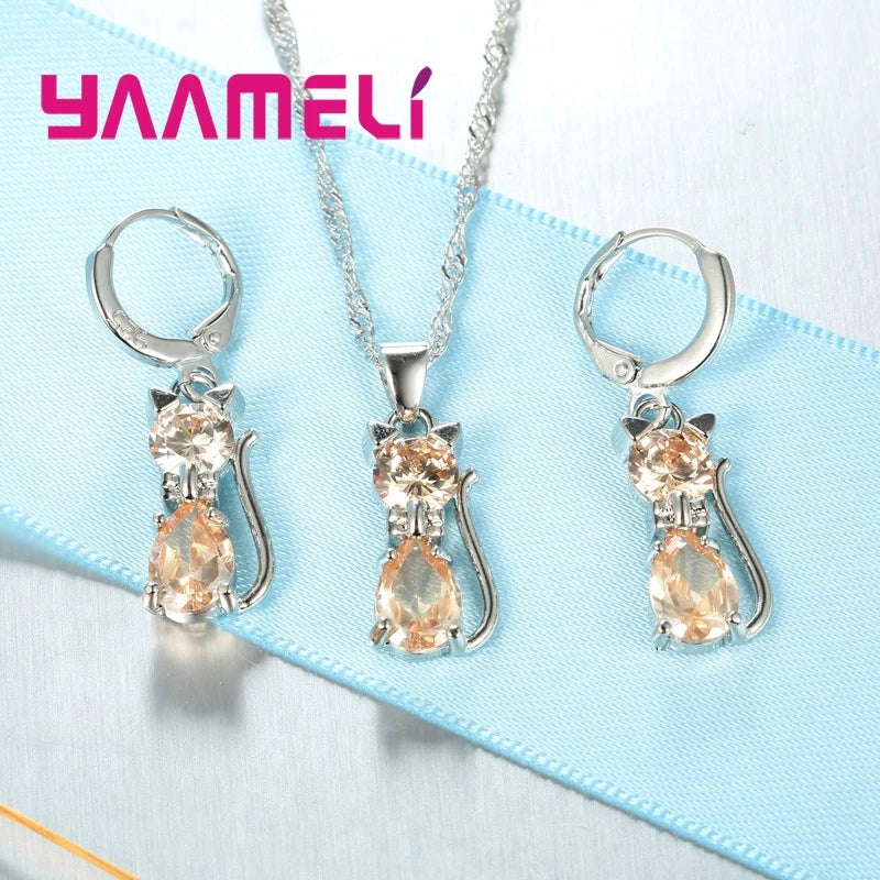 Elegant 925 Sterling Silver Cat Pendant Necklace and Earrings Set with Austrian Crystals for Women