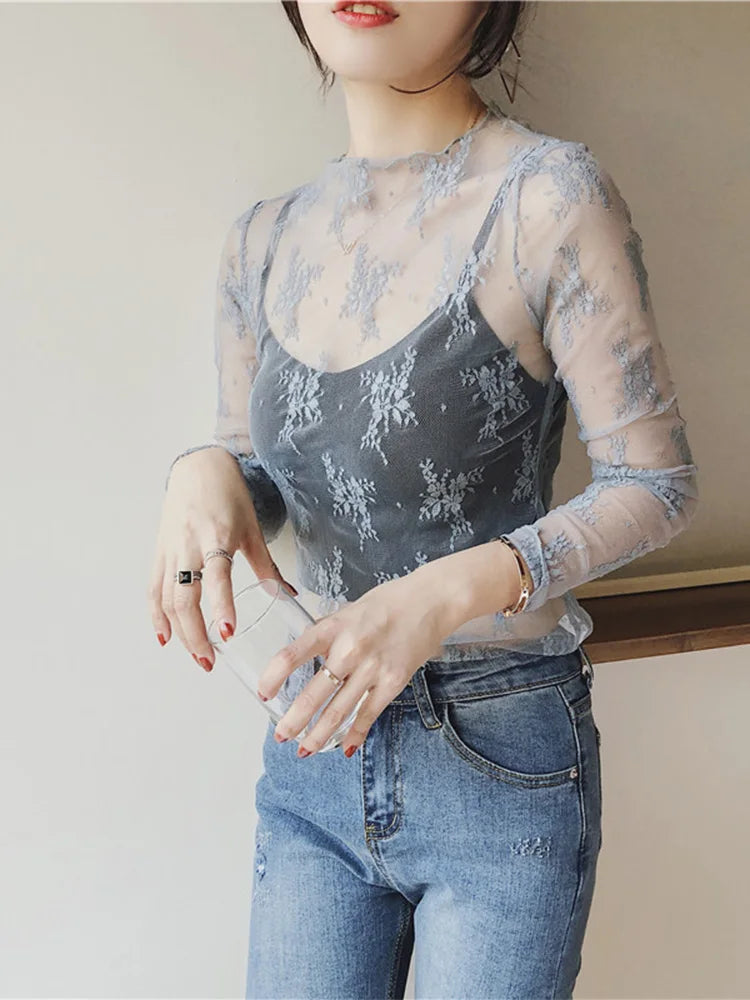 Summer Lace Embroidered Mesh Blouse See Through Black Top