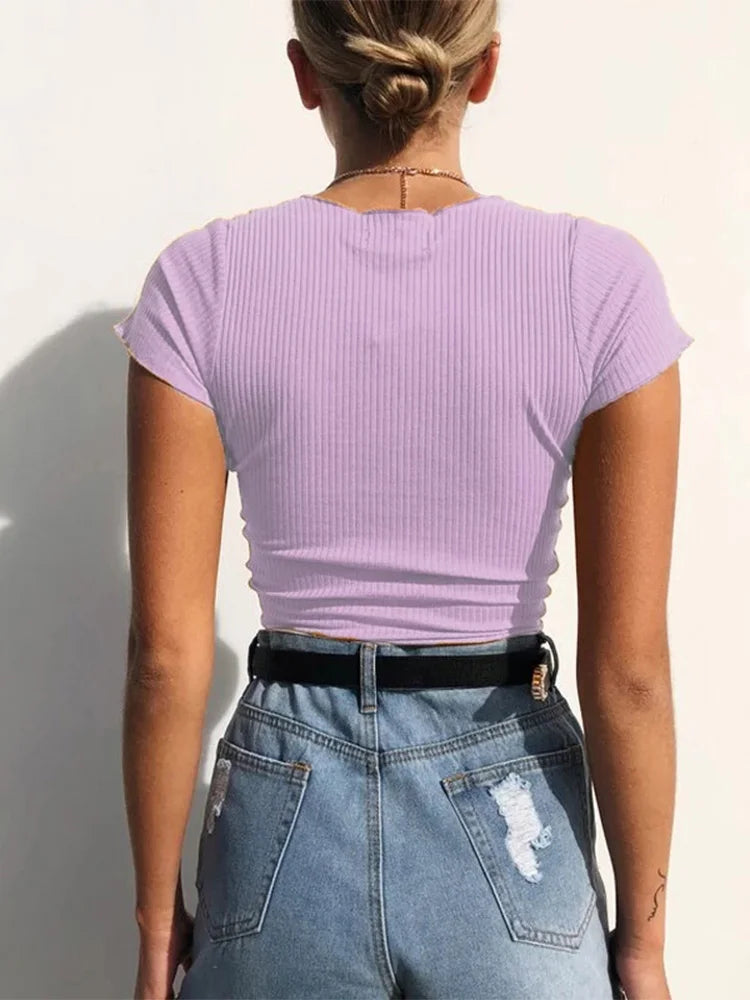 Women Candy Colors V Neck Cropped Tank Top Drawstring Tie
