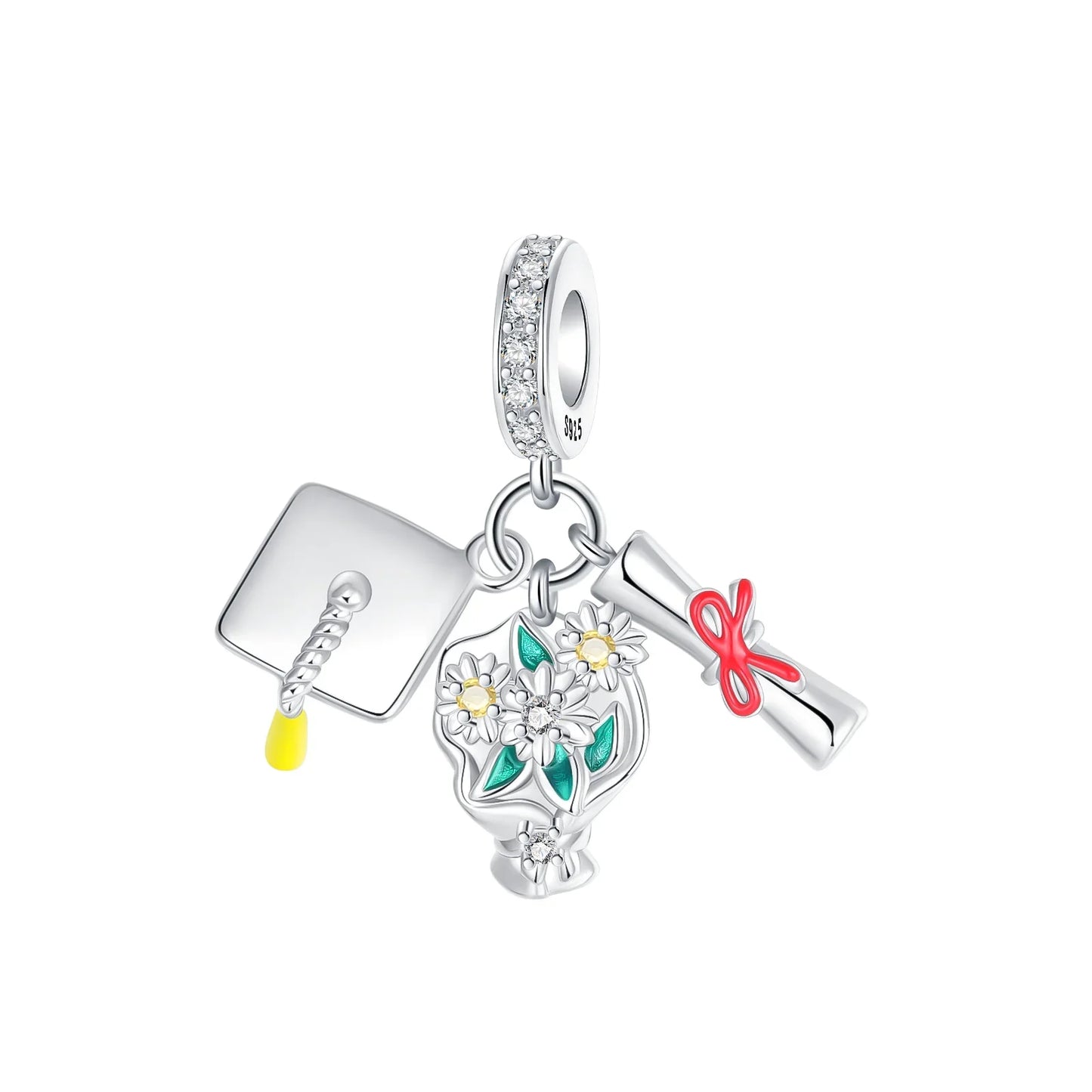 925 Sterling Silver Graduation Mortarboard Charm with Zircon Beads for DIY Bracelet Fine Jewelry Gift