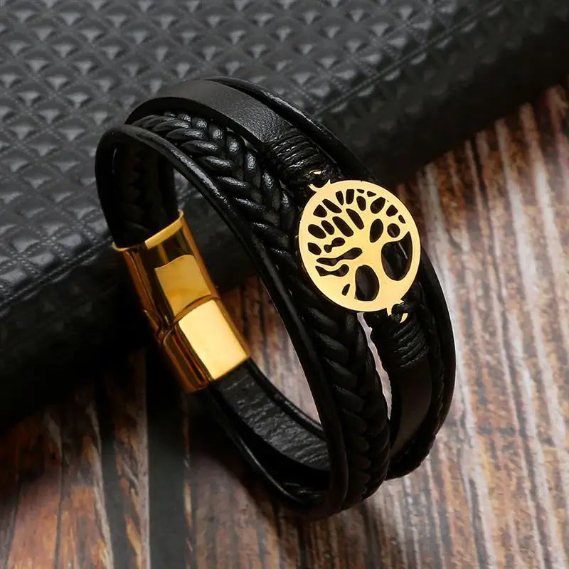 Men's Leather Bracelet with Stainless Steel Tree of Life Charm - Stylish Multi-Layer Fashion Accessory