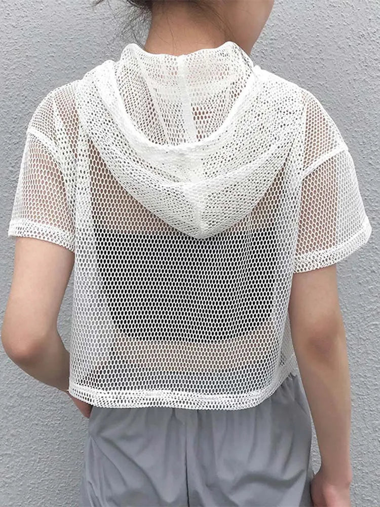 Womens Hollow Mesh Hooded Tee Transparent Black Partywear