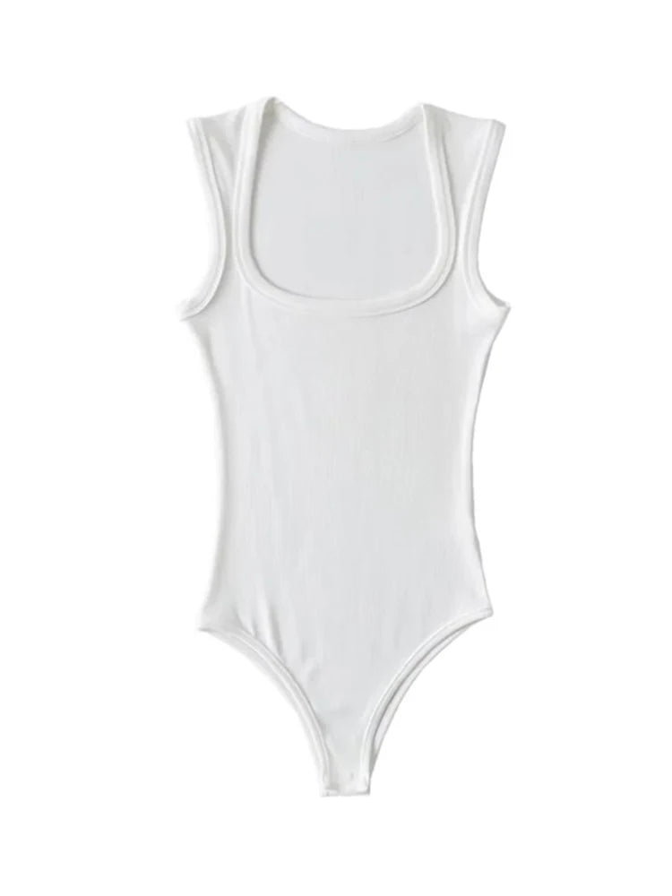 Ladies Slim Square Collar Retro Bodysuit Jumpsuit Backless