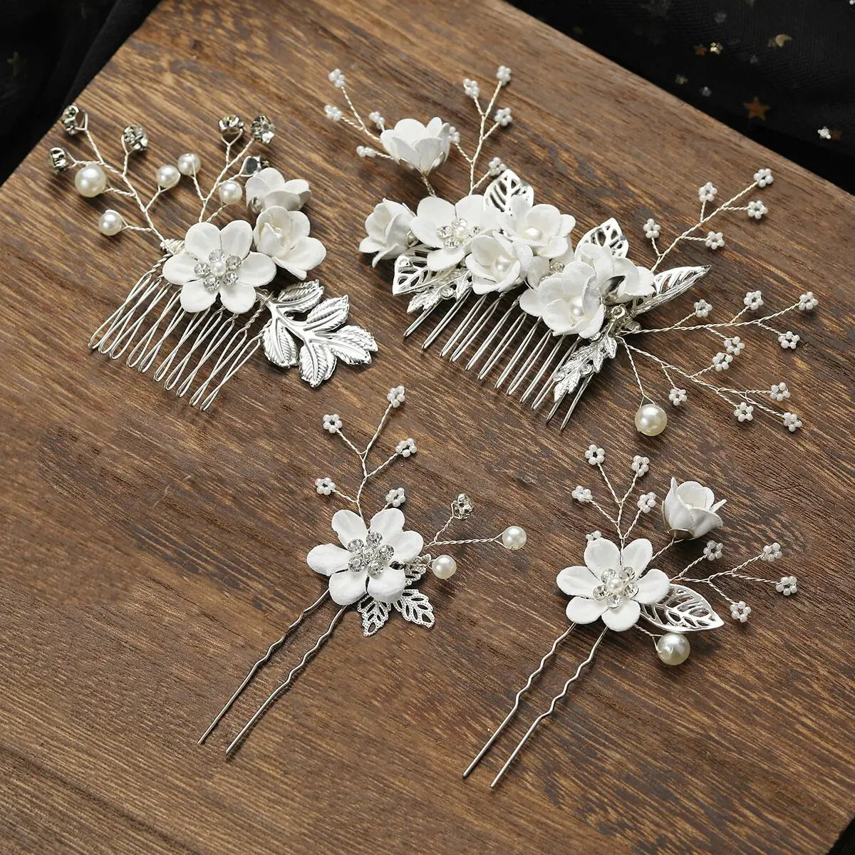 Elegant Bridal Pearl Hair Accessories Set – Floral Tiara, Barrette, and Combs for Wedding Elegance