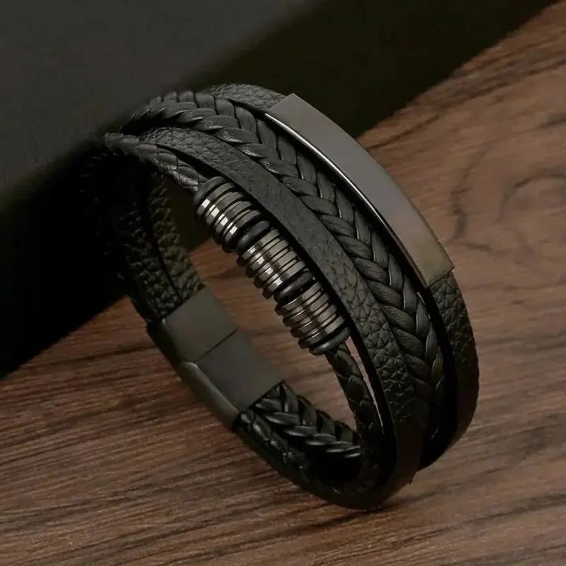 Multi-Layered PU Leather Men's Bracelet With Magnetic Closure And Gold Metal Tube Charm ASL70044BL