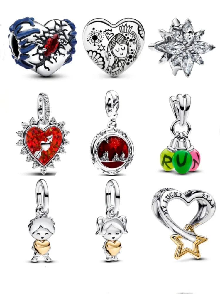 Exquisite 925 Silver Heart-Shaped Pendant with Bow and Moon Beads for DIY European Bracelets