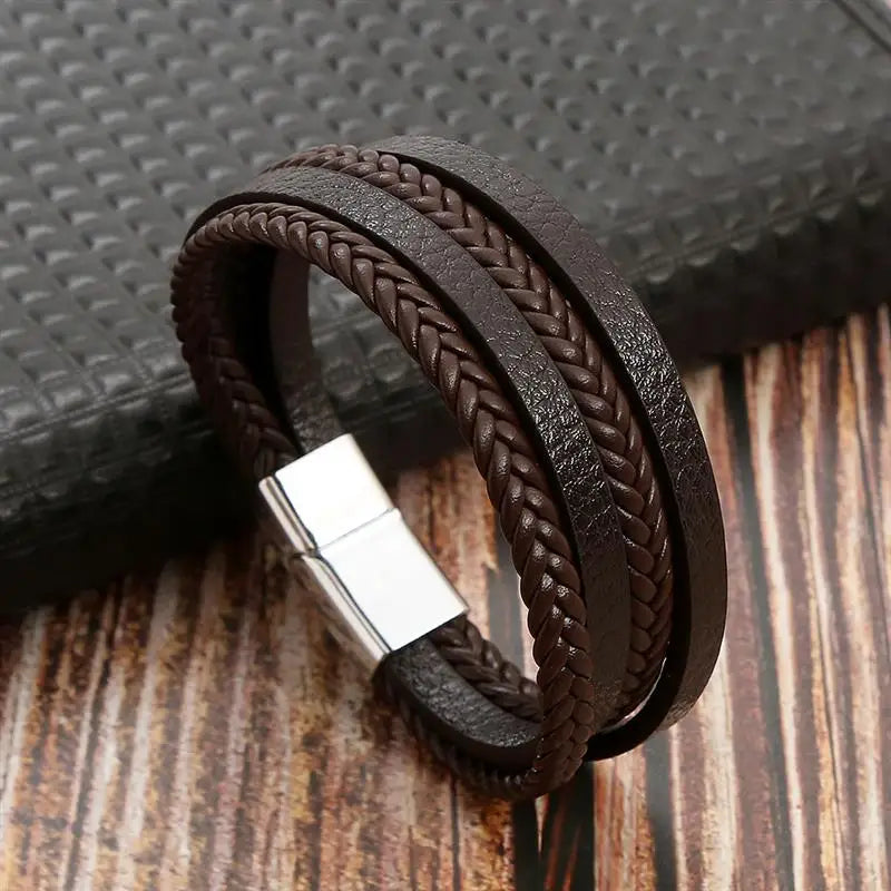 Men's Leather Bracelet with Stainless Steel Tree of Life Charm - Stylish Multi-Layer Fashion Accessory