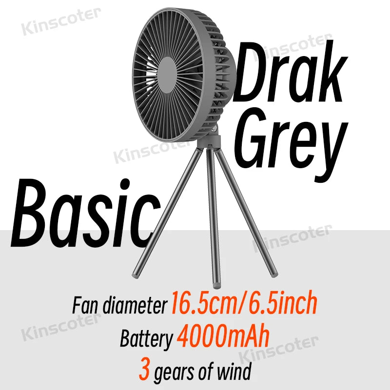 Rechargeable Portable Camping Fan with 10000mAh Power Bank and LED Light Basic Dark Grey