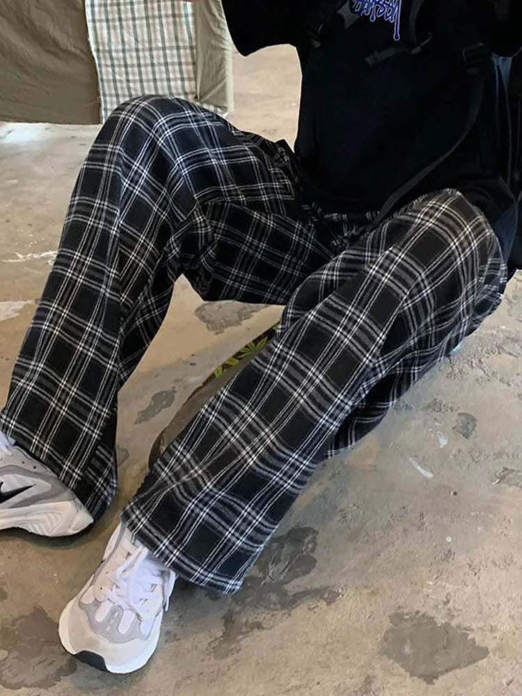 Black Plaid Wide Leg Pants Women Casual Harajuku Streetwear