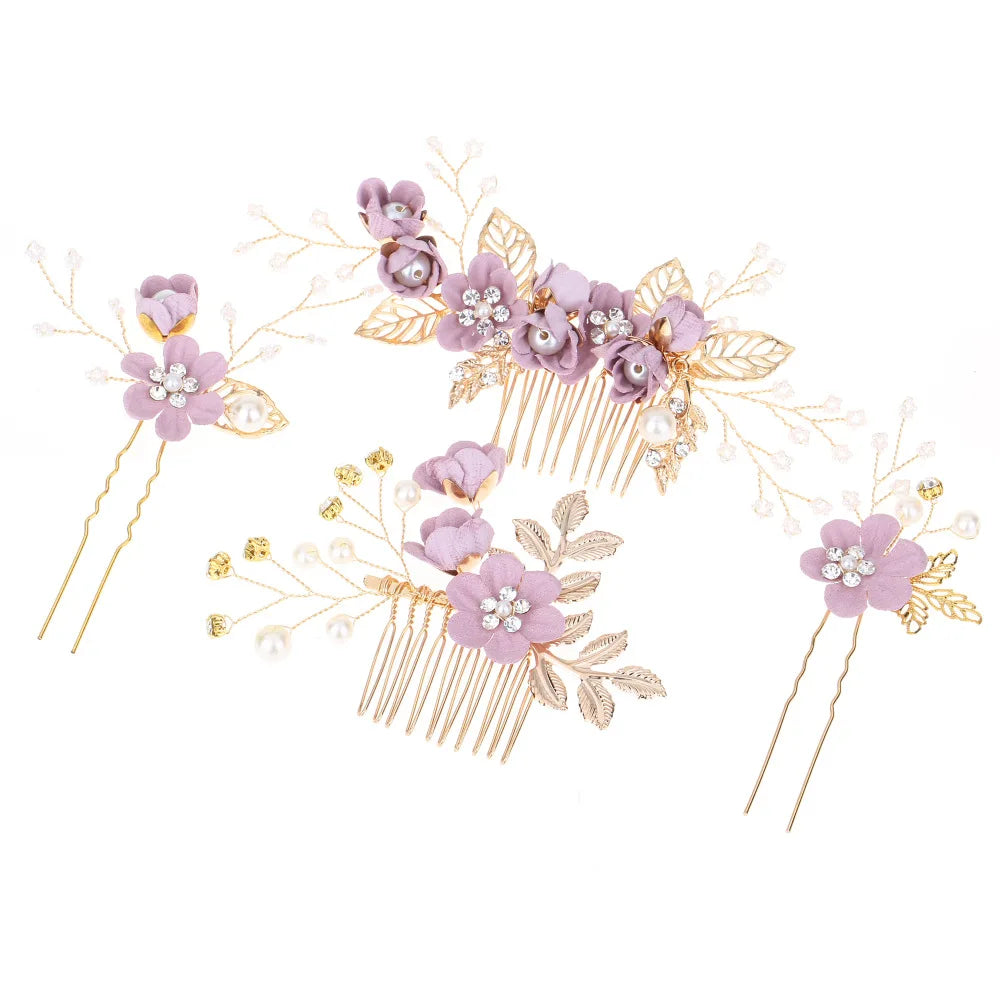 Elegant Bridal Pearl Hair Accessories Set – Floral Tiara, Barrette, and Combs for Wedding Elegance