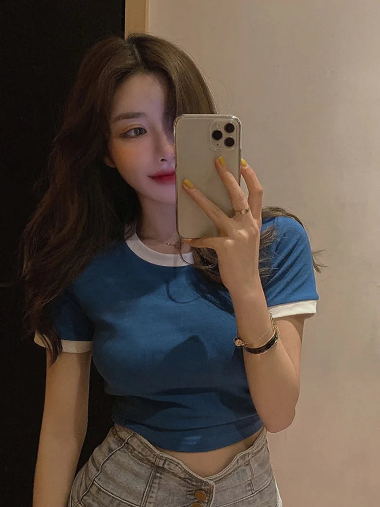 Womens Ribbed O Neck Short Sleeve Crop Top Cotton Tee