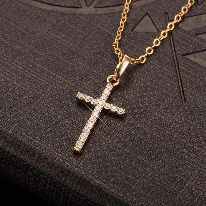 Cross Pendant Adjustable Necklace for Women with Rhinestone Inlay Sliver B