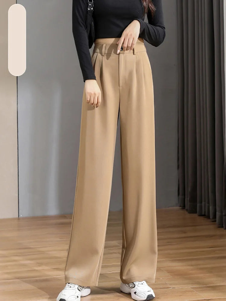 Women Chic Korean Office Wide Leg Vintage Straight Trousers