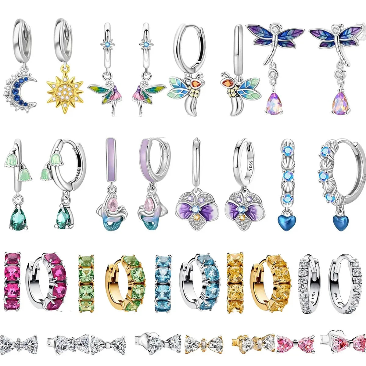 Sparkling 925 Sterling Silver Colorful Heart Zircon Round Huggie Bow Stud Earrings for Women Elegant Sweet Jewelry Gifts