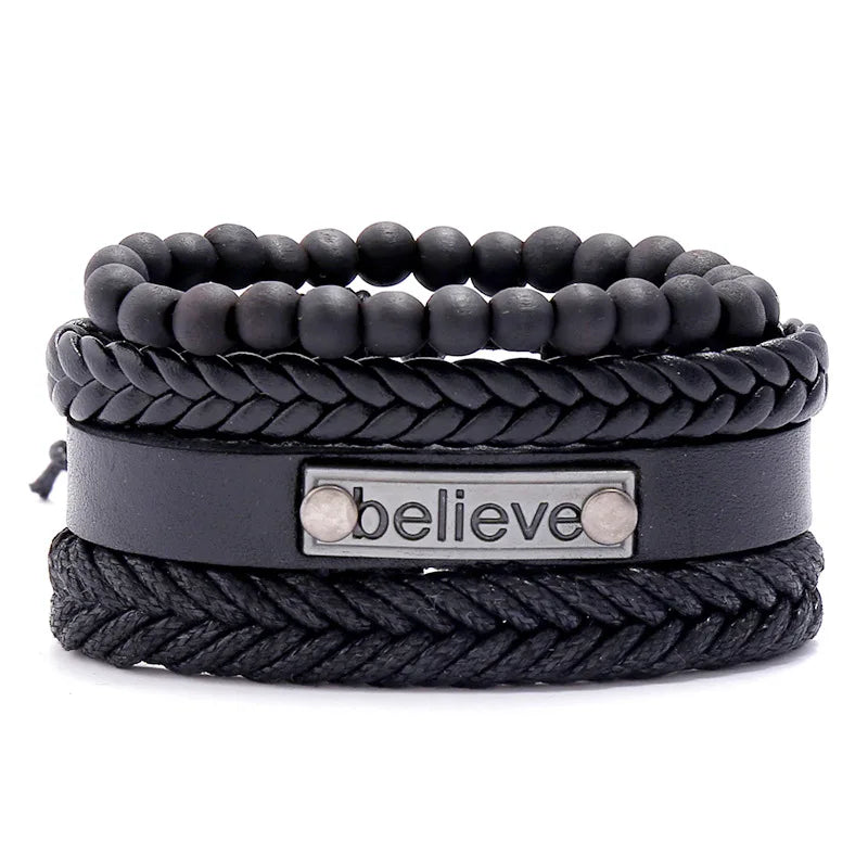 ZORCVENS Men's Handmade Braided Leather Bracelet Set - Vintage Black Punk Fashion Gift