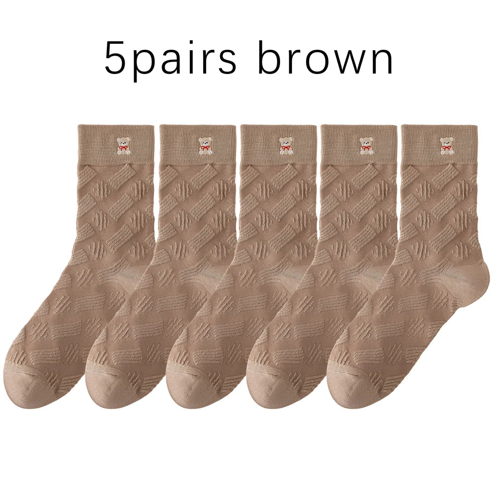 Kawaii Japanese Embroidered Cotton Mid Calf Socks 5 Pairs