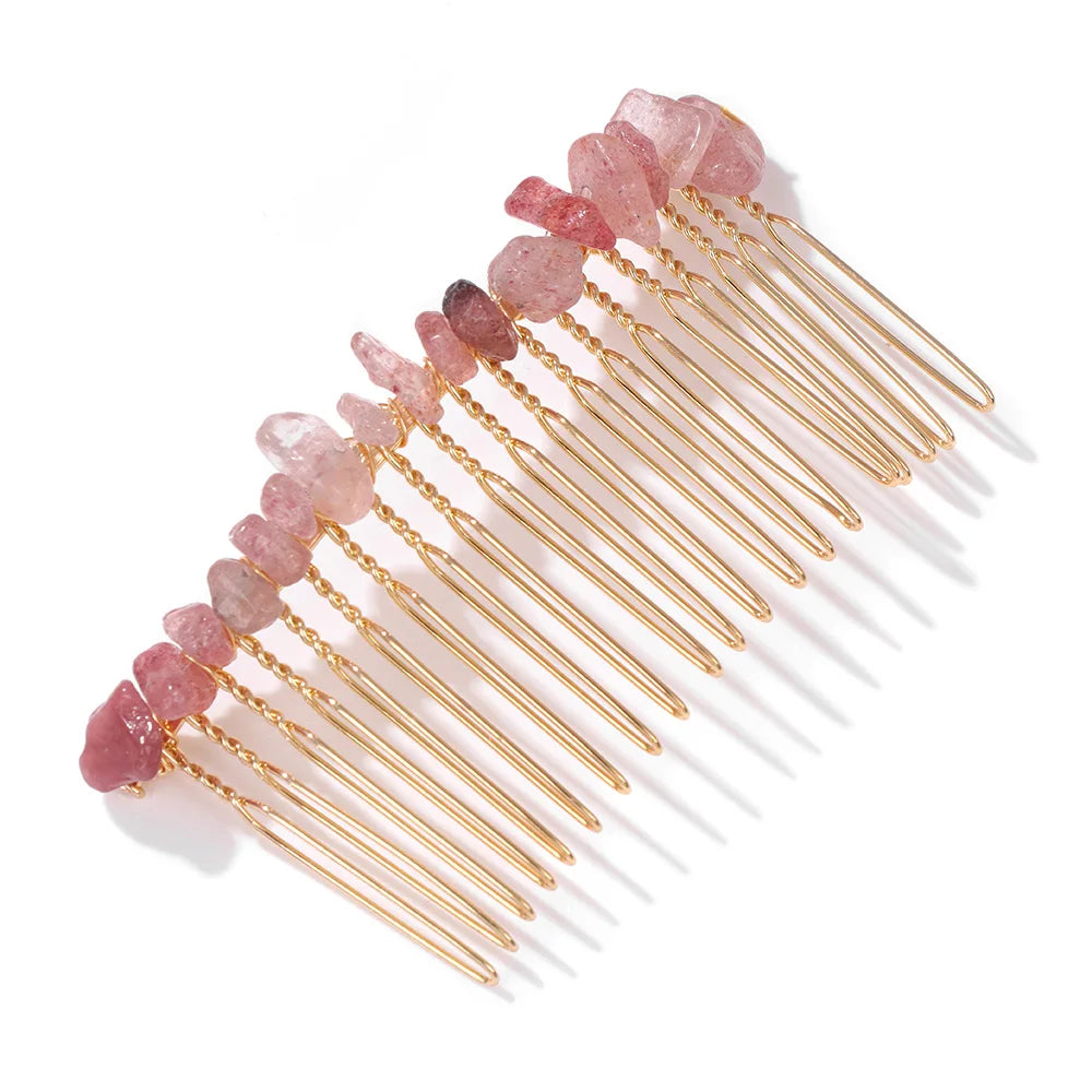 Crystal Bliss Hair Combs - Healing Quartz Stone Hair Accessories for Weddings & Special Occasions Strawberry Quartz