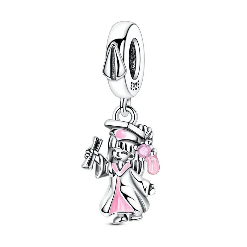 Romantic 925 Sterling Silver Pink Lipstick Heart Bow Rose Flower Zircon Charm Bead for DIY Bracelet Jewelry Gift