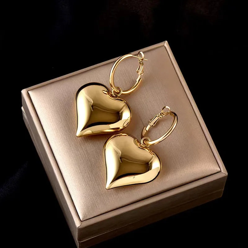 Glossy Gold Heart Hoop Earrings for Women Fashion Party Jewelry Accessories