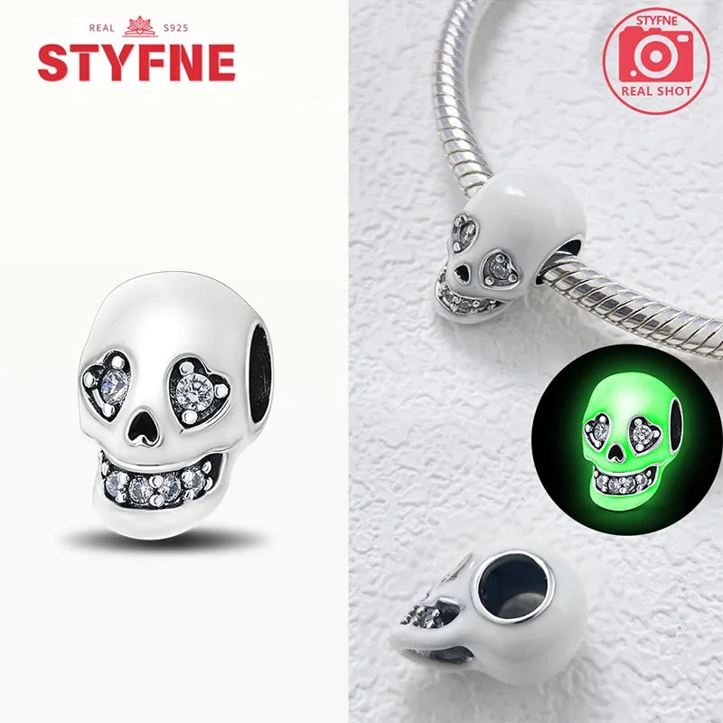 S925 Silver Luminous Zombie Skeleton Charm Bead Dangle