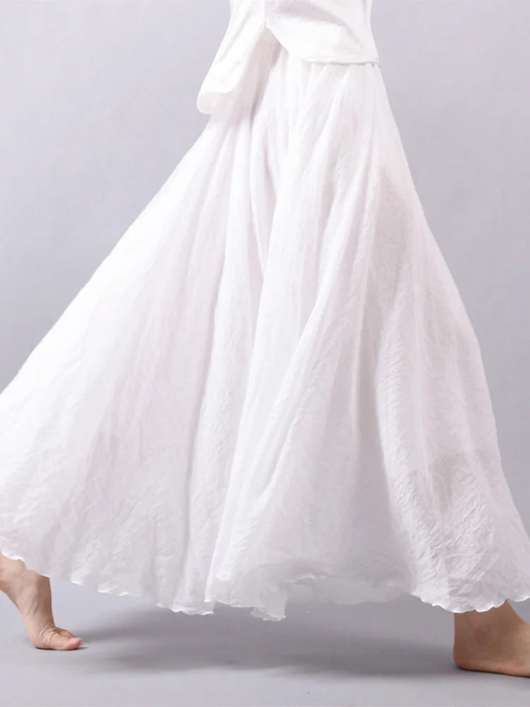 Elegant High Waist Linen Maxi Skirt Two Layer Summer Casual
