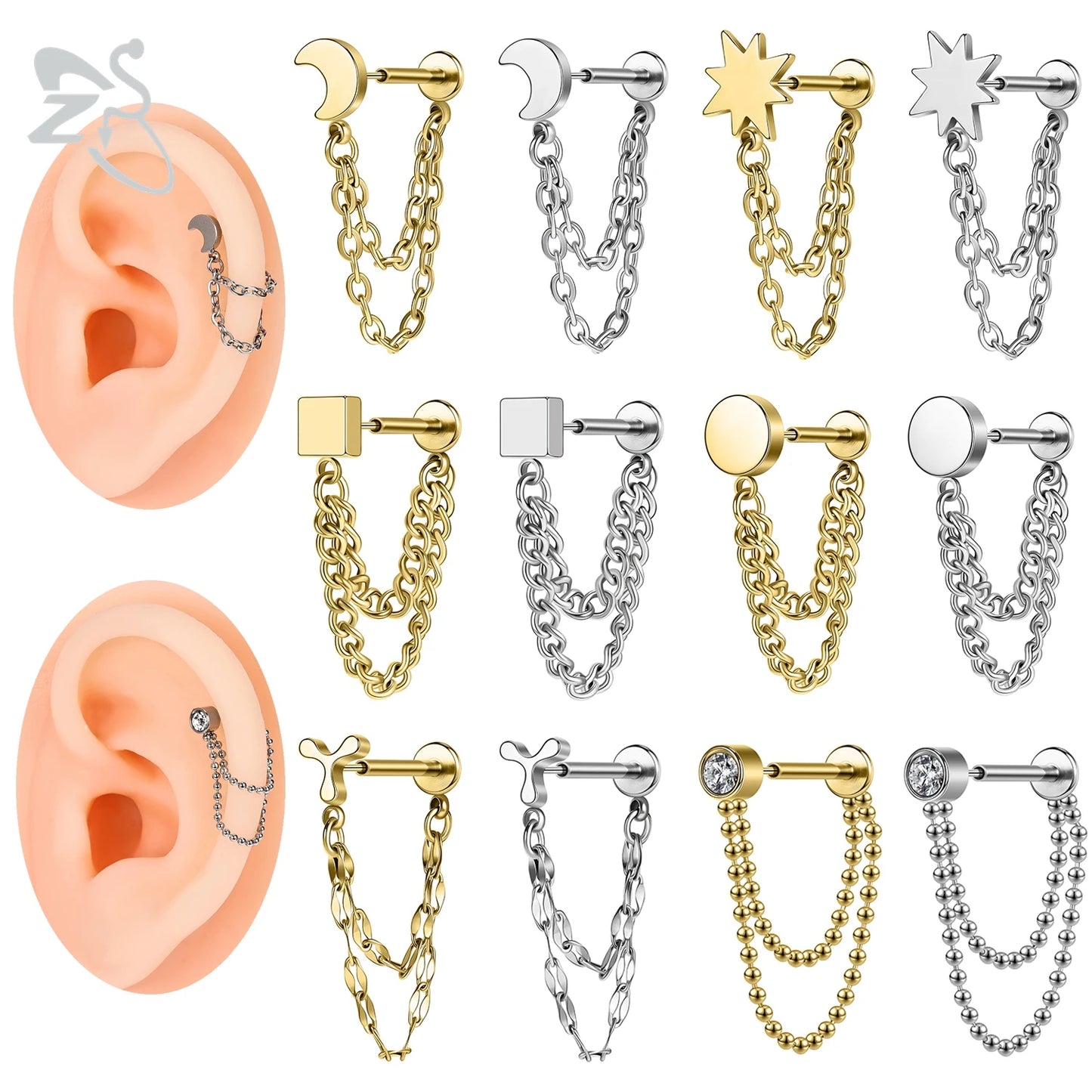 ZS 16G Stainless Steel Stud Earrings for Women and Girls with CZ Crystal Tassel Drop Design