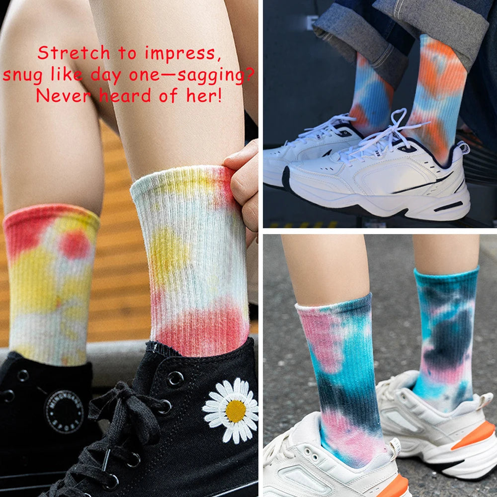Handmade Tie Dye Mid Calf Cotton Socks For Women Breathable