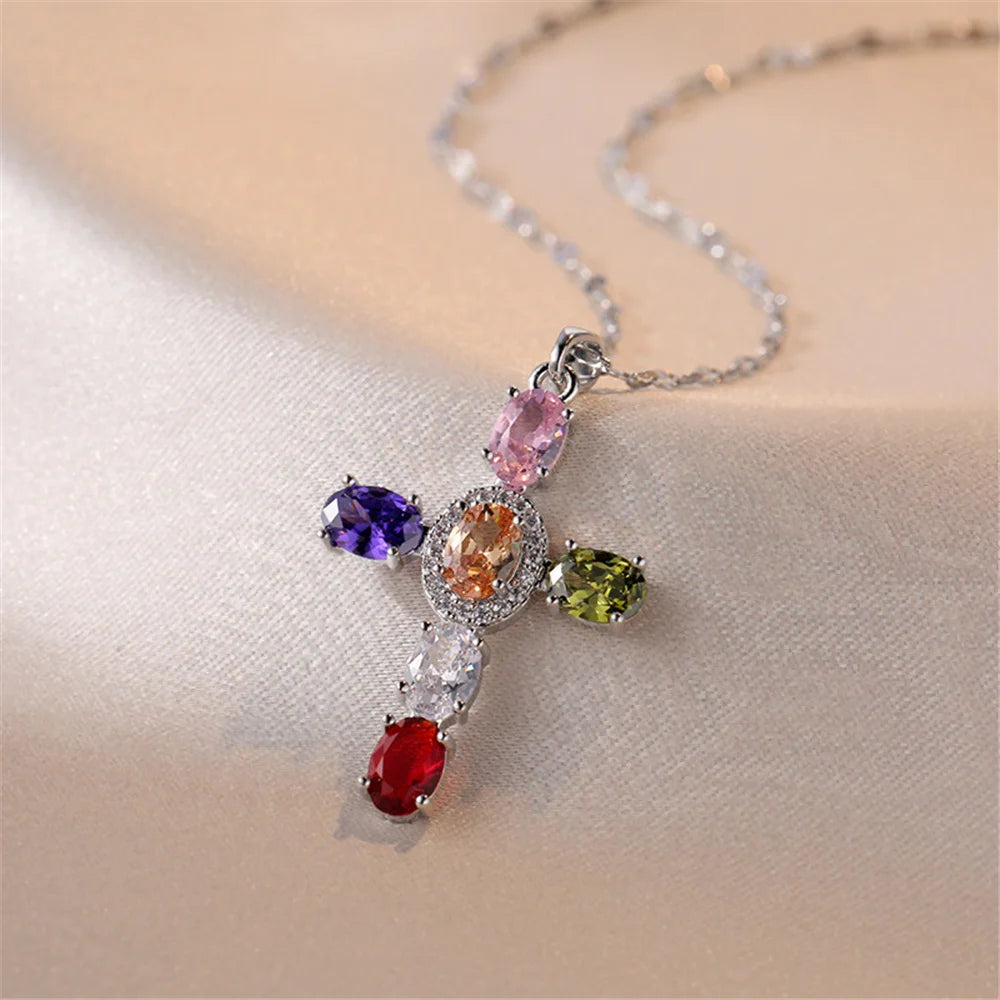 Elegant Rainbow Zircon Cross Pendant Necklace in Vintage Gold for Women